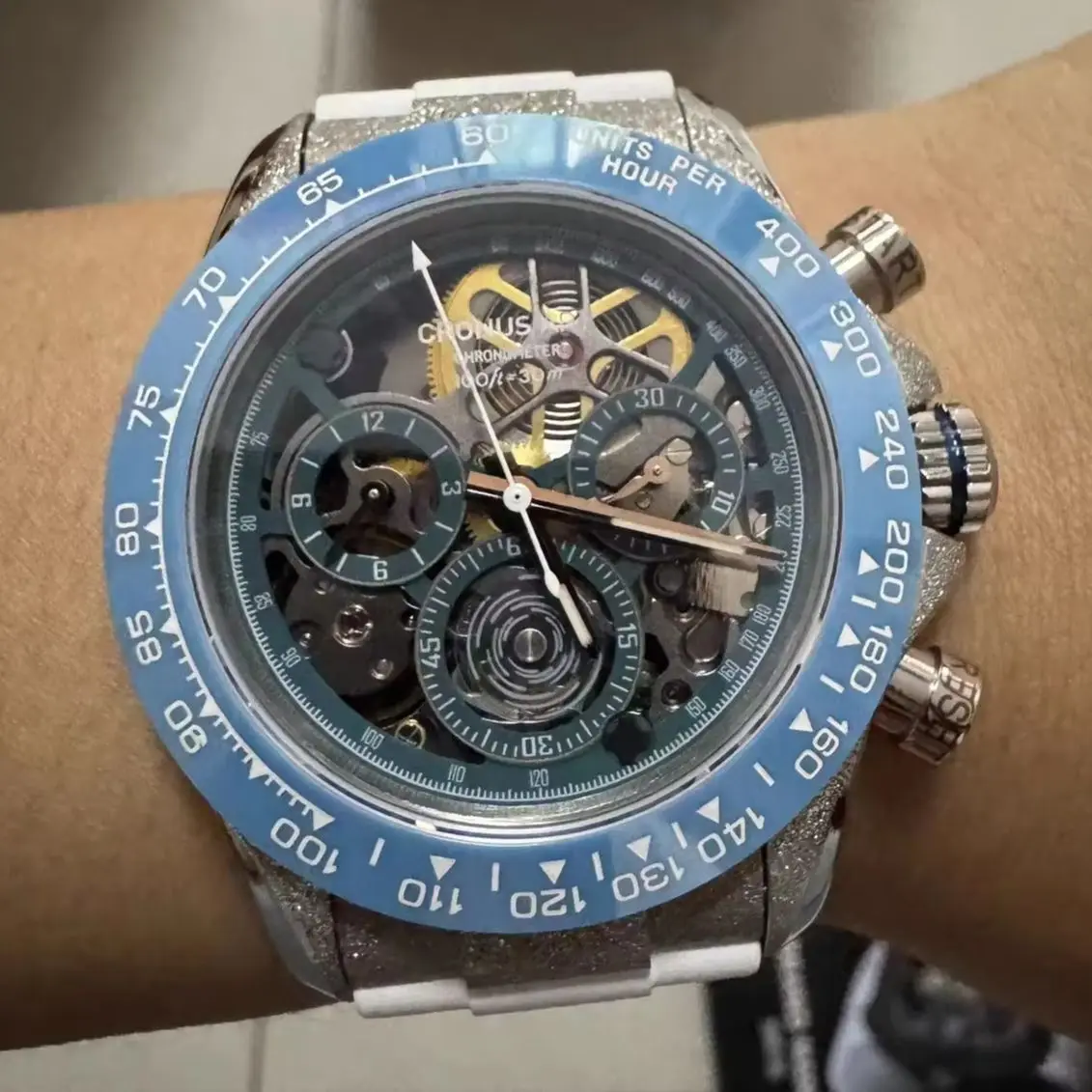 CRONUSART Men Chronograph Watch 42mm Automatic Mechanical Wristwatch Luminous Sapphire Skeleton Fluororubber Strap Ceramic Bezel