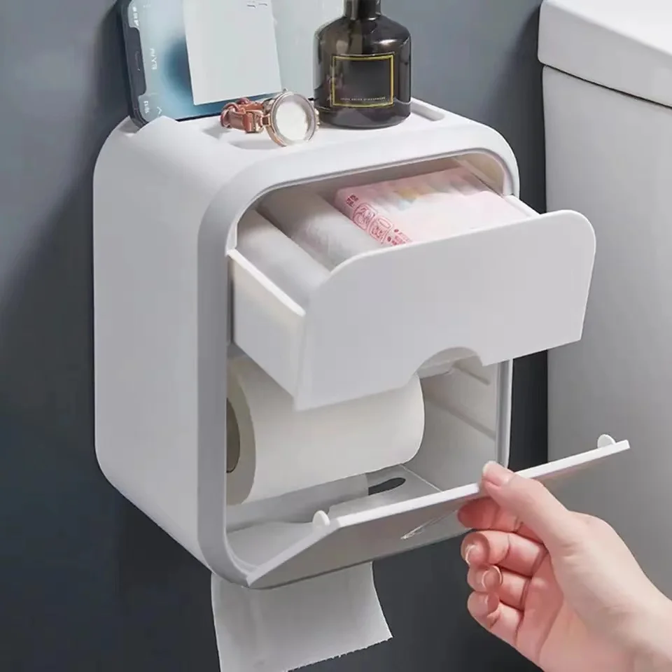 Wall Mounted Toilet Paper Organizer, Punch-Free Roll Paper Storage Box, Waterproof, High Capacity, Dust-Proof, Home Supplies