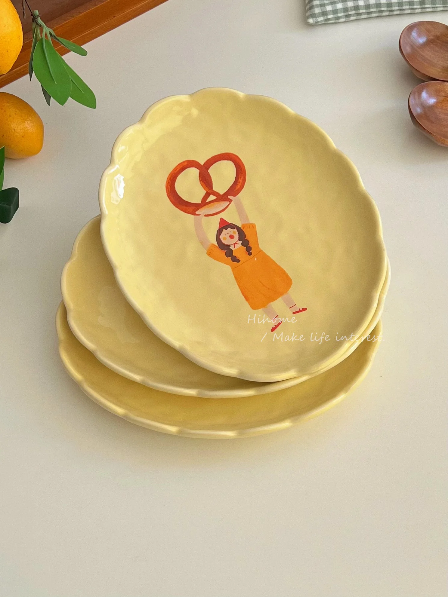 Cute hand drawn baking girl bread hand pinched ceramic plate cream yellow cutlery dish home breakfast high temperature plate