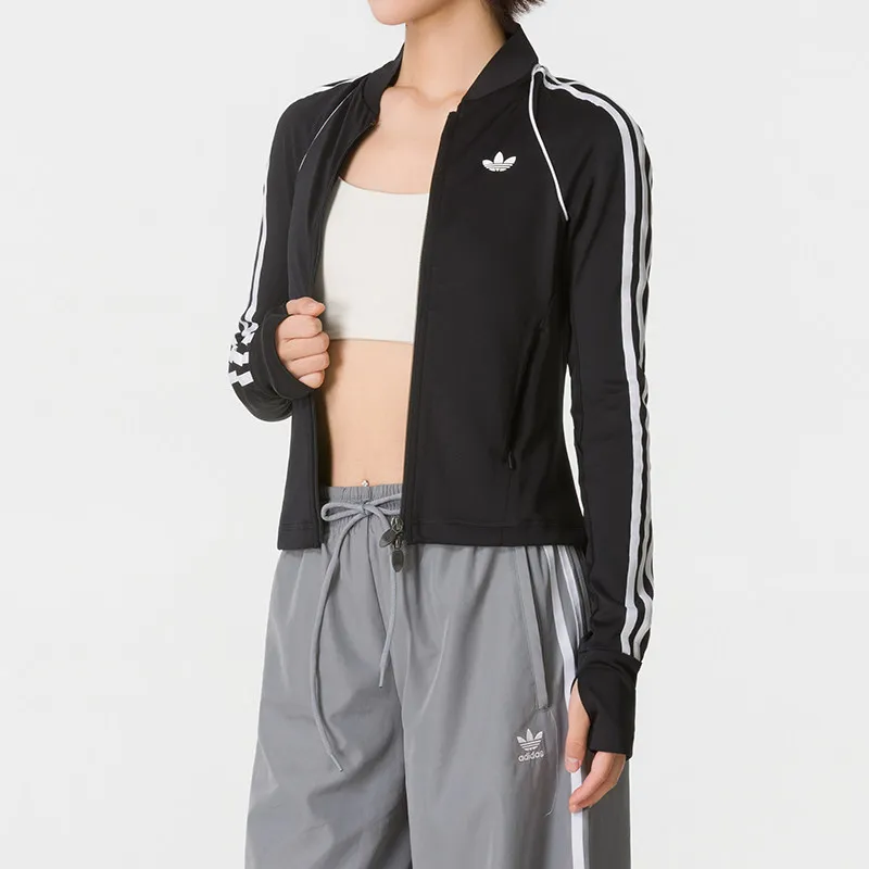 Adidas Women's Track Top KT7029 Black Knit Two Way Zip 3-Stripes Sleeves Slim Fit Retro Streetwear