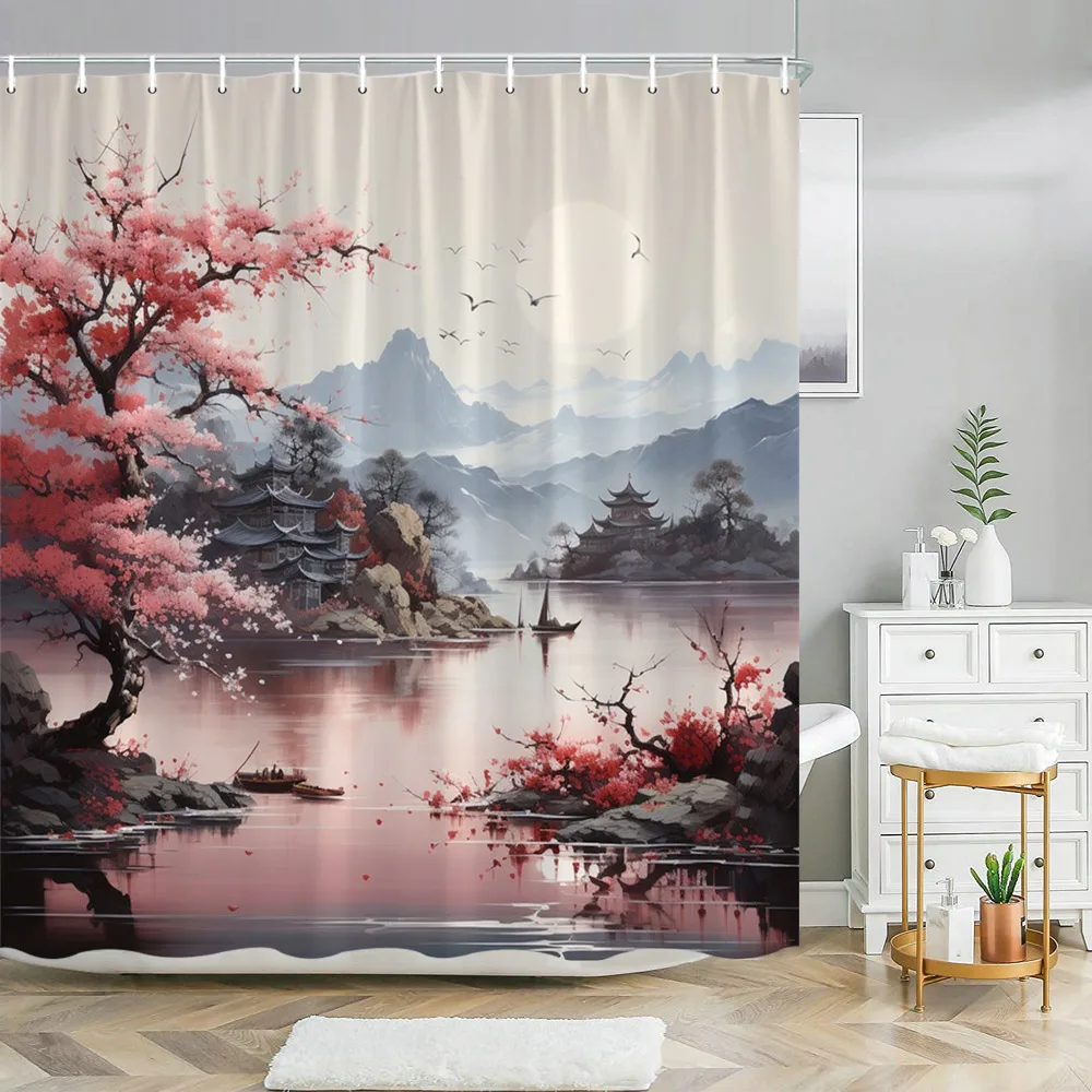 Chinese Landscape Shower Curtain Ink Painting Bamboo Landscape Cherry Blossom Writing Landscape Shower Curtains Bathroom Decor