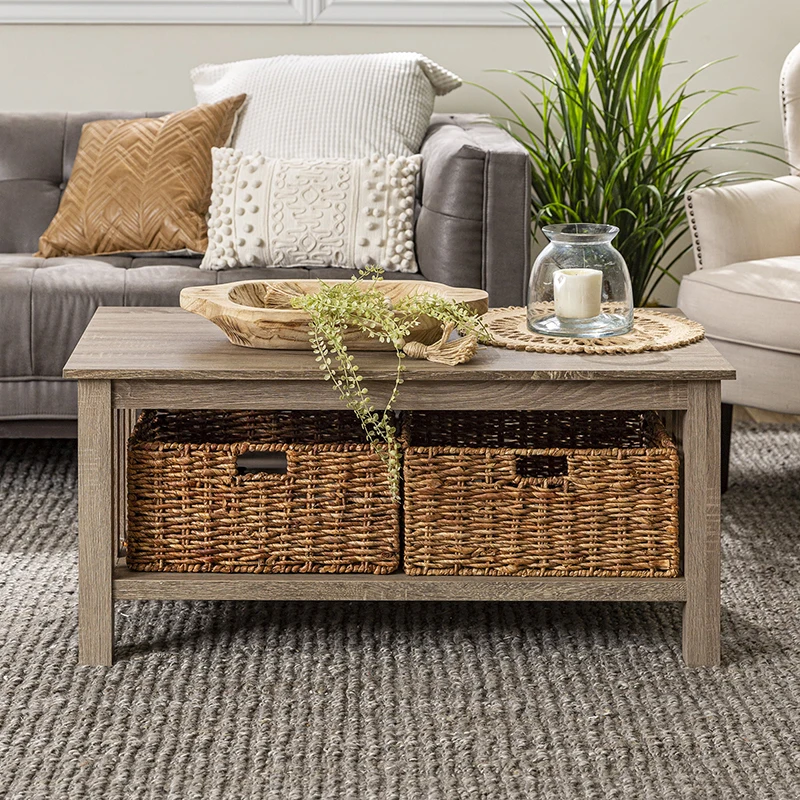 Traditional Storage Coffee Table with Bins, Driftwood Luxury Coffee Table