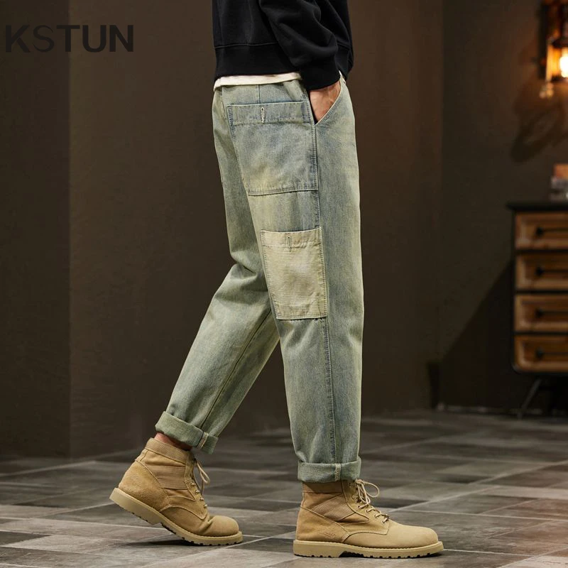KSTUN Baggy Jeans Men Wide Leg Men's Loose Jeans Harem Pants Retro Blue Streetwear Vintage Mens Clothing Oversized Patchwork