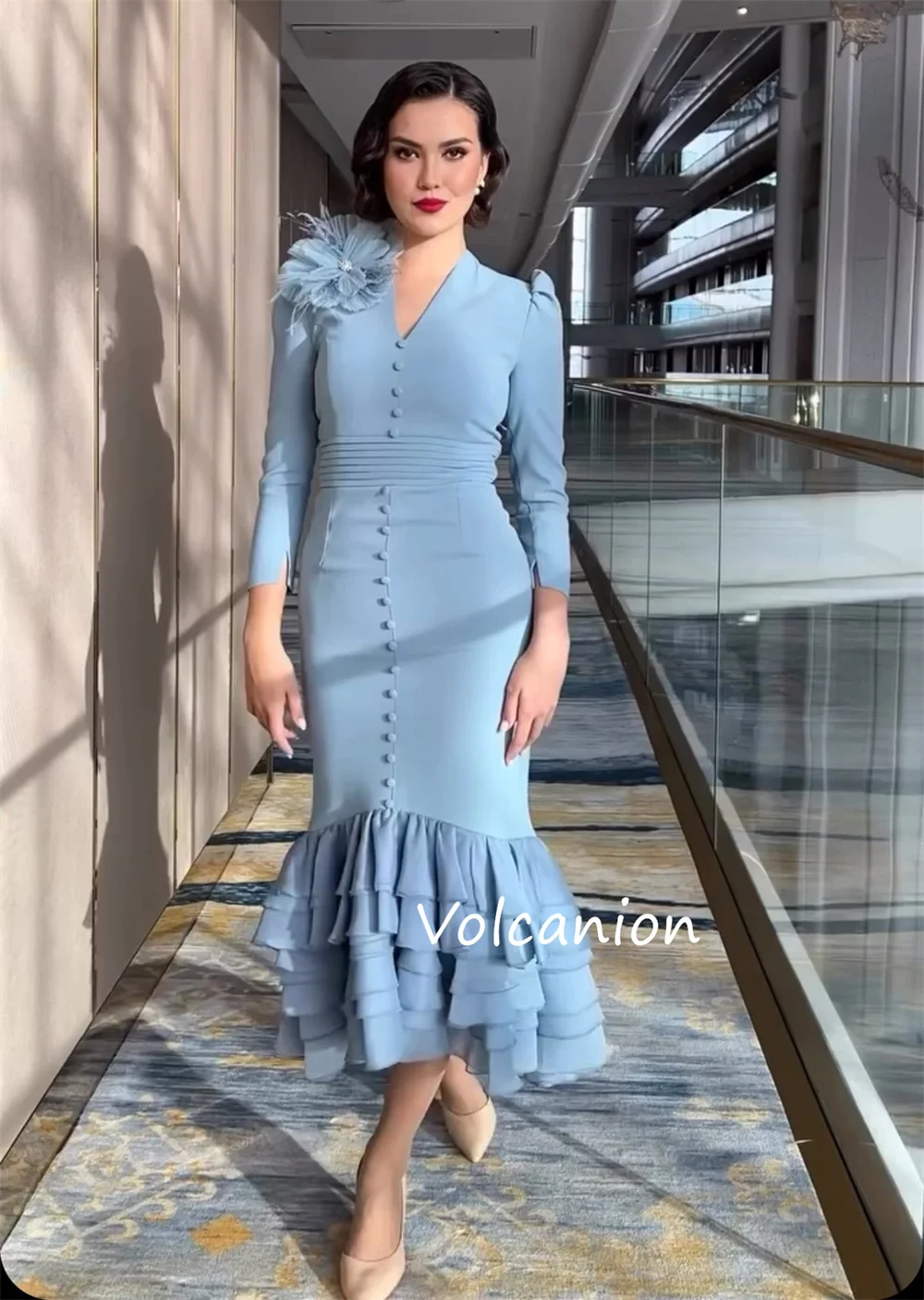 Vestidos Midi con cuello en V de sirena, apliques de botones de Jersey personalizados, ocasión a medida, moda de noche, Formal elegante