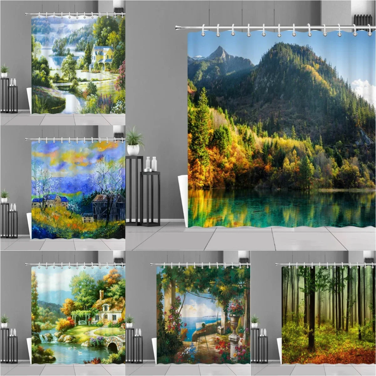 Scenic Shower Curtain, Forest Waterfall Beautiful Scenery Spring and Autumn Alpine River Oil Painting Bathroom Decoration