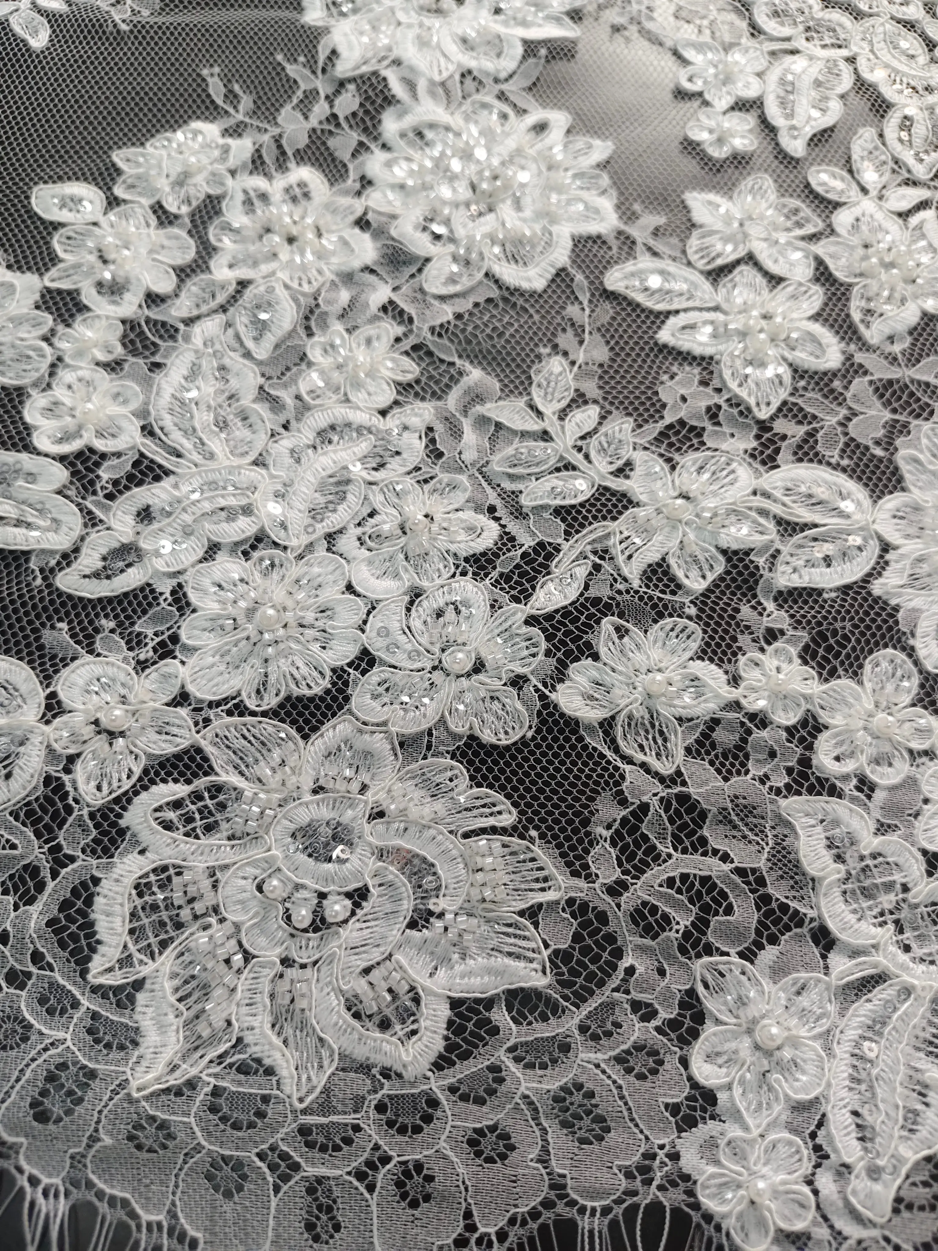 Rope Embroidery Sequin and Bead Floral Lace Fabric-Perfect for Bridal Wedding Gowns and Veils