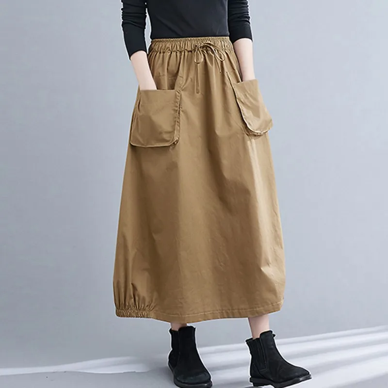 

High Waist Casual Long Skirt New Arrival 2024 Autumn Vintage Style Solid Color Big Pockets Loose Female A-line Skirts B3999