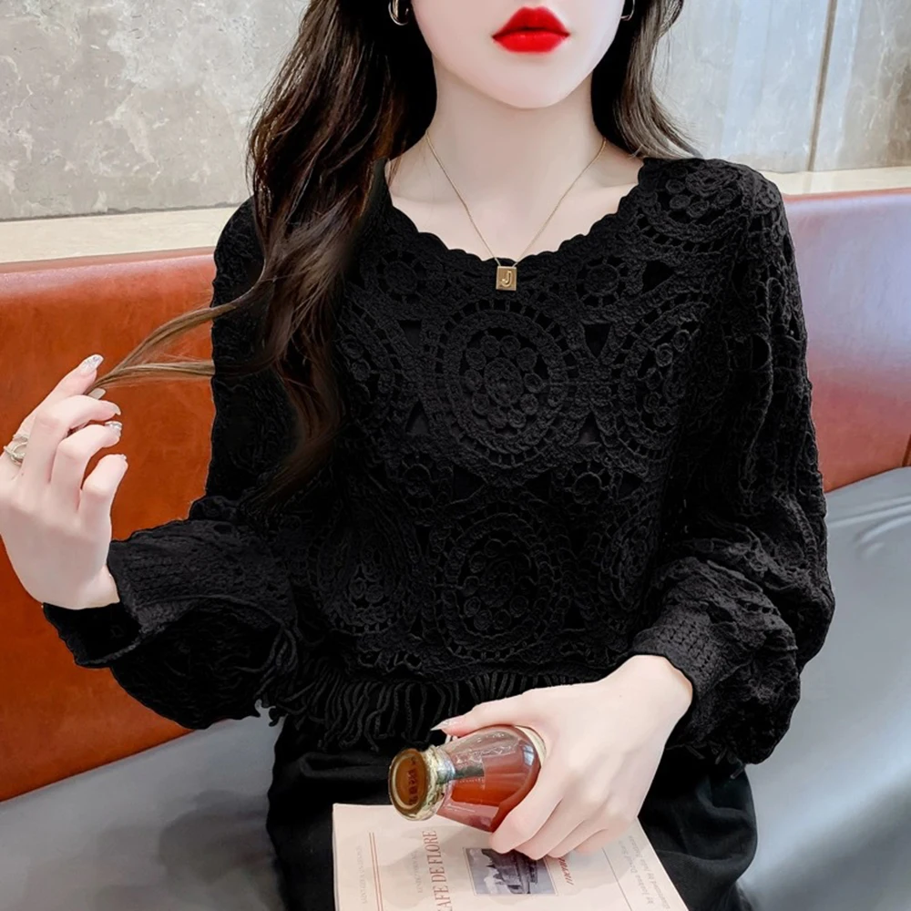 Women Solid Color Knitted Smock Bat Sleeve Long Sleeved Hollow Out Short Pullover Versatile Tassels Ethnic Style Sweater