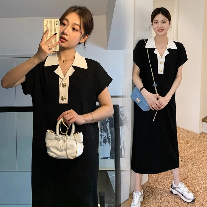 Sweet Lace Peter Pan Collar Black White Patchwork Pregnant Woman A-line Dress Pleated Dresses Korean Style Short Maternity Dress