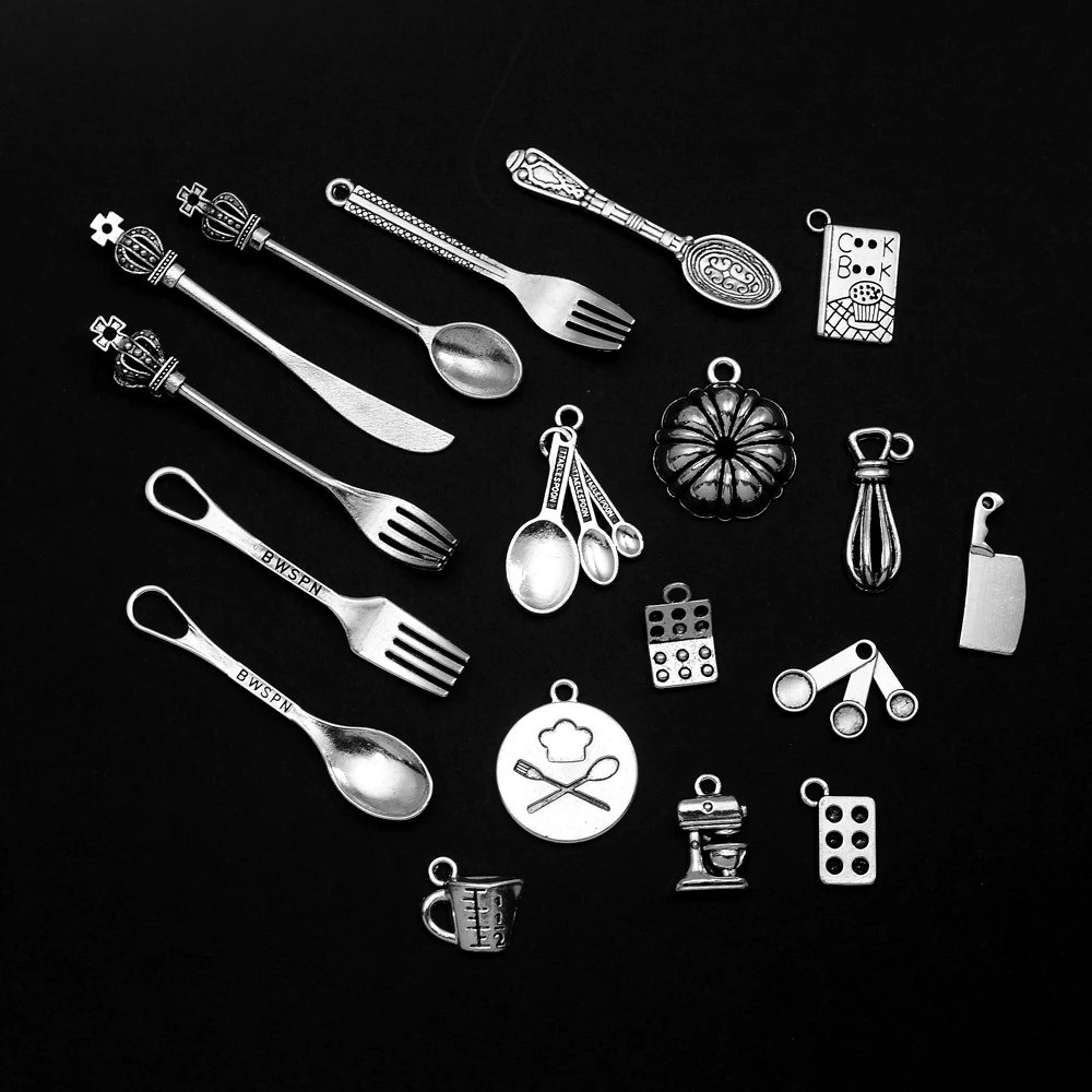 

10-30pcs/lot Antique Cooking Spoon Fork Knife Measuring Cup Charms Baking Pendants Diy Jewelry Making Findings Craft Wholesale