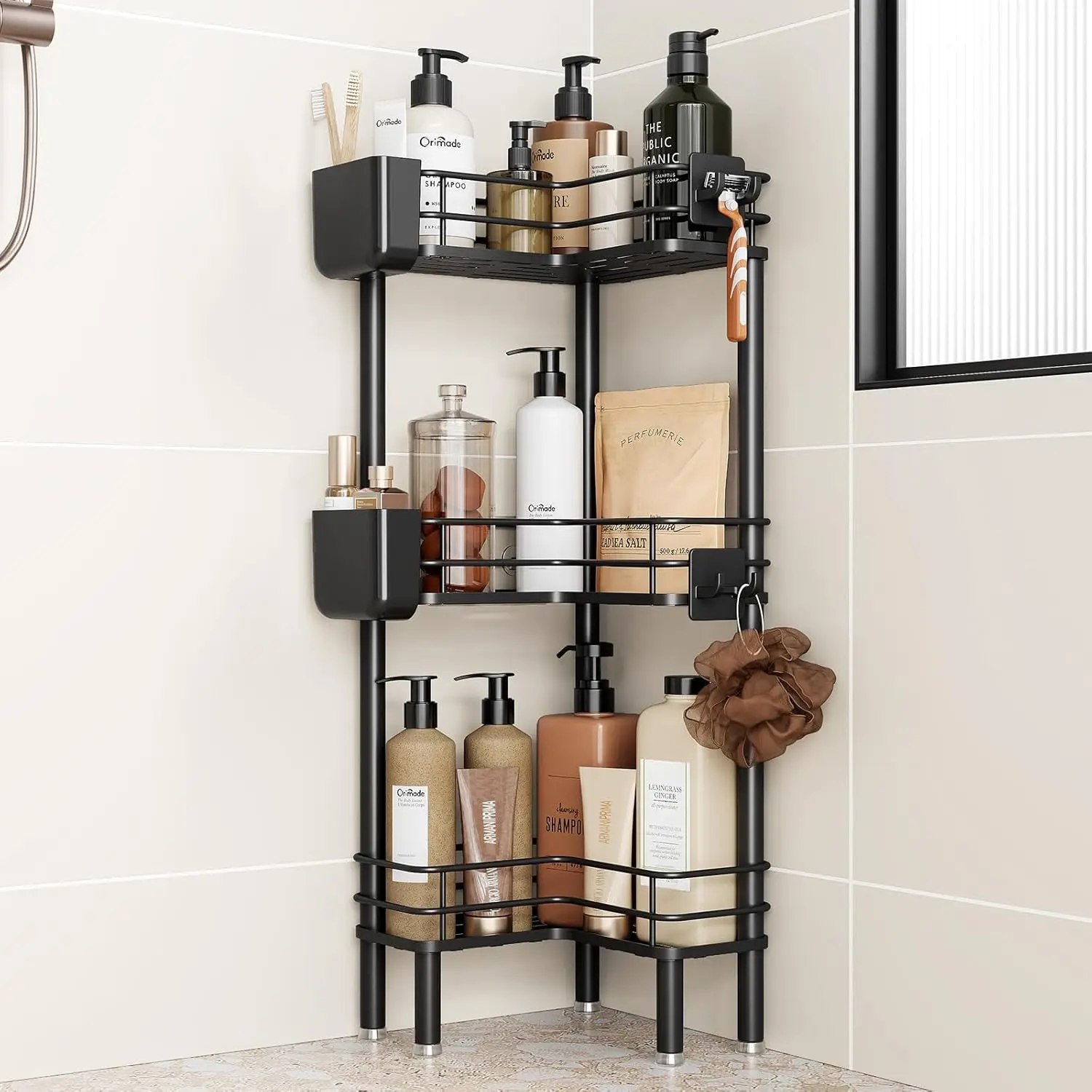 

3-Tier Corner Shower Caddy with Toothbrush Holder, Large Spacing Floor Shelf Rack for Bathroom Kitchen, Black