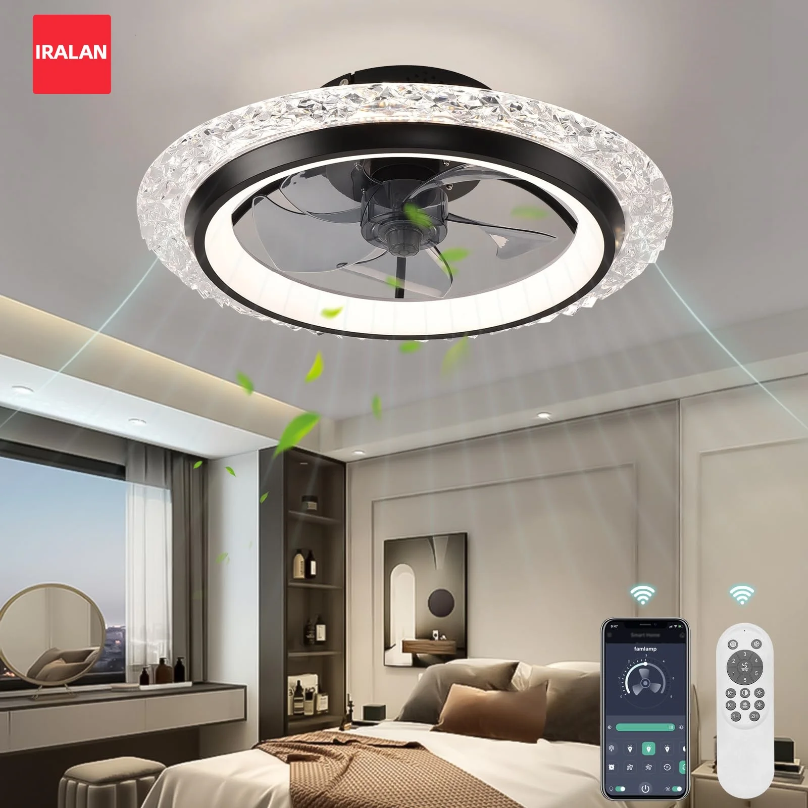 

IRALAN Ceiling Lamp Fan Nordic Luxury Crystal Crystal Remote Control Level 6 Wind Speed Fan Light Suitable for Bedroom Study