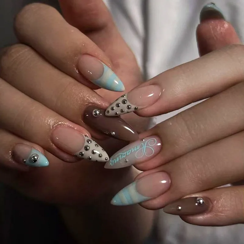 24PCS Mint Blue Stripes French Stick on False Nails with Silver Dots Retro Brown Almond False Nails Wearable Acrylic Nail Tips