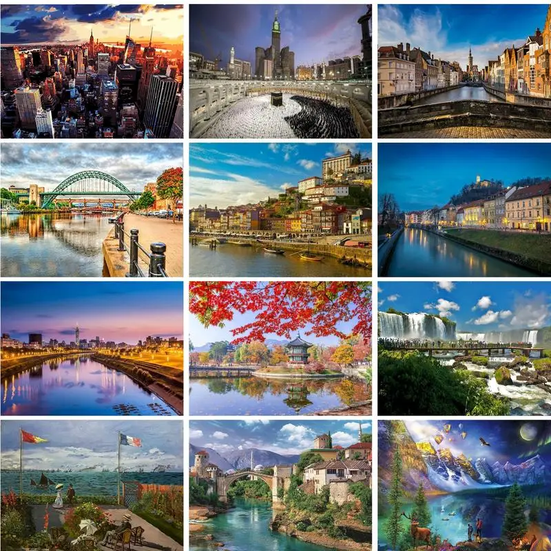 GATYZTORY Diy Malen Nach Zahlen Riverside Town Dekorative Gemälde Geschenke Für Erwachsene Handgemalte Landschaft Hause Dekoration