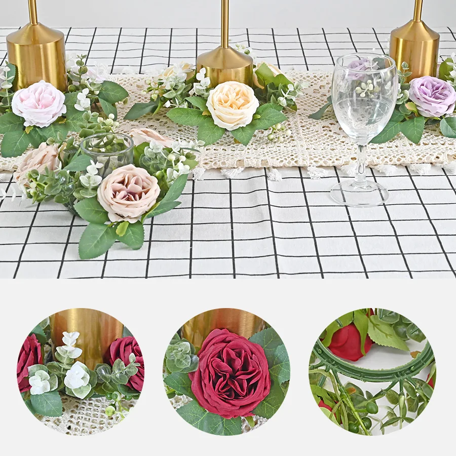 2 Pieces Artificial Candle Holder Garland Rose Flower Christmas Table Wedding Celebration Home Decoration Party Scene Arrangemen