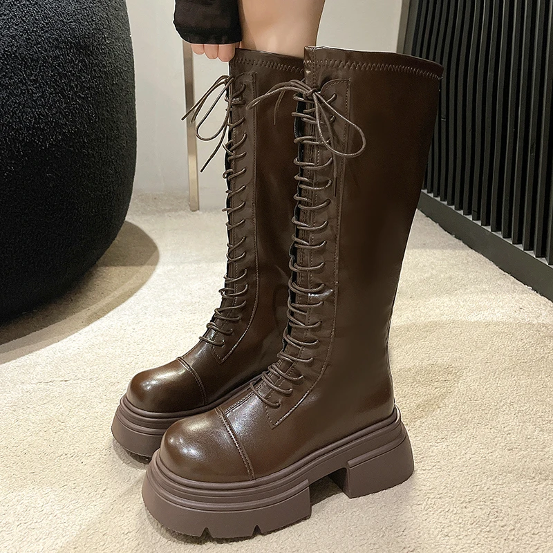 Women\'s Knee Length Lace Up Back Zipper Platform Fashionable Boots for Autumn and Winter, Women\'s Thigh Size Boots F18