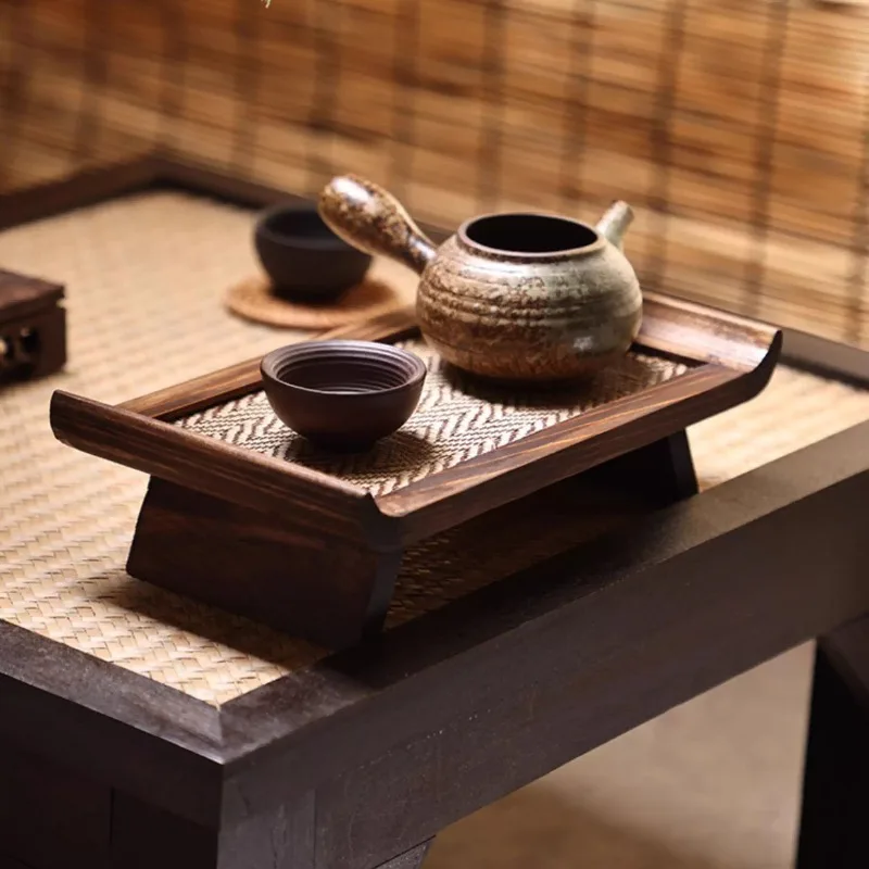Vintage Rectangular Tea Tray Handmade Zen Tea Set Tray with Solid Wood & Rattan for Home Tea Ceremony and Dry Brewing