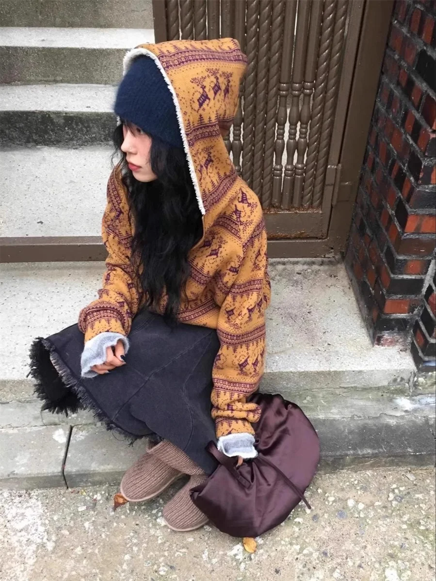 

Retro Deer Patterned Zipper Jaet Unique SEI Casual Warm Personalized Loose Fit Versatile Autumn Winter Outerwear Coat