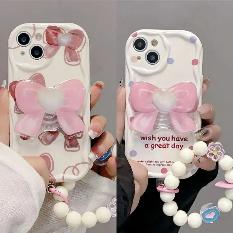 Phone Case For iPhone 15 Pro Max 14 11 13 12 Mini XR 6s 6 8 7 Plus X XS SE 2020 2022 cover Soft Cute Bow Bracket Bracelet