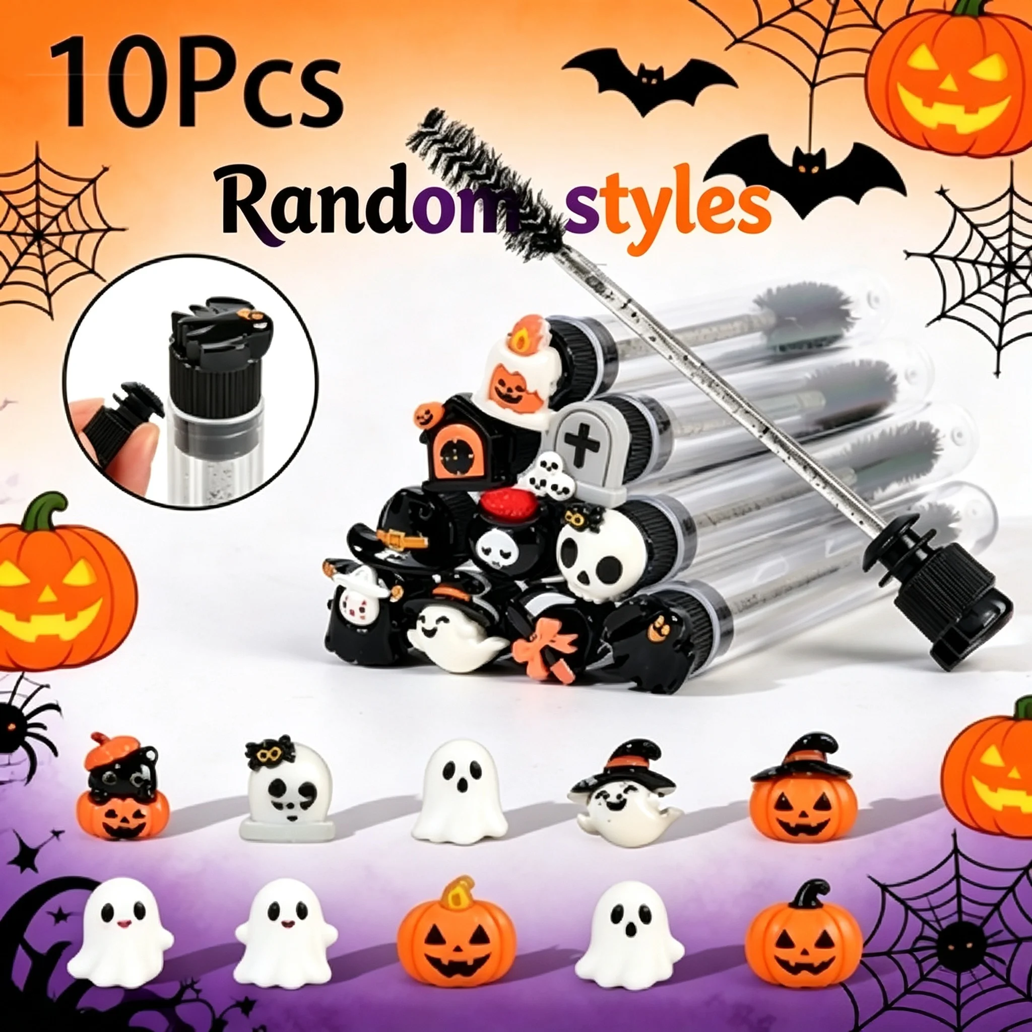10pcs Halloween Mascara Wand Tube Spooky Horror Cute Spoolie Eyelash Eyebrow Brush Kit Professional Lash Extension Makeup Tools