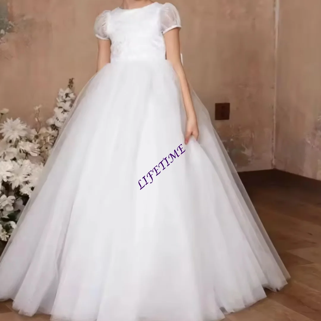 

Customized Princess White Customized Flower Girl Dress For Wedding Short Sleeves Lace Tulle Kids Birthday Party First Communion
