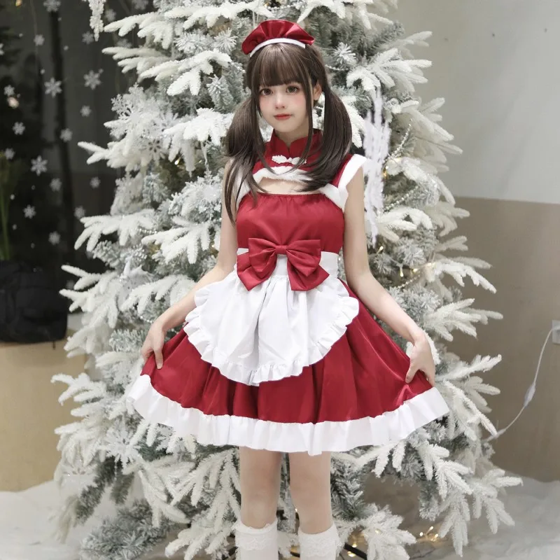 Young Women's Claret Christmas Chinese Style Maid Uniform 100% Polyester Plus Size S-5XL Cosplay Outfit Dress With Bow Tie Apron