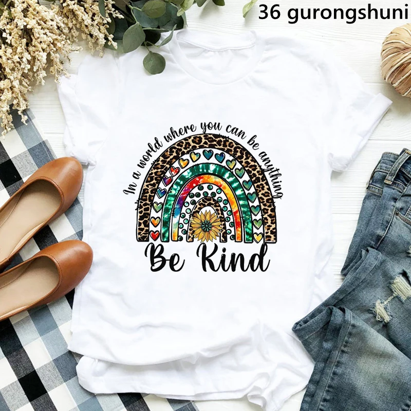 

New Leopard Be Kind Graphic Print T-Shirt Women Bee Sunflower Tshirt Female Summer Tops Tee Shirt Femme Short Sleeve T-Shirt top