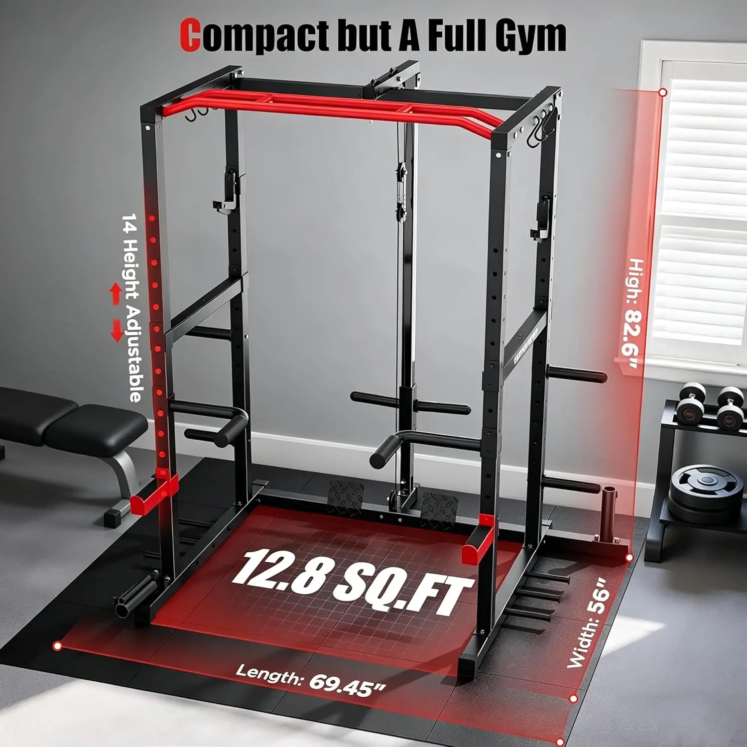 Power Rack, Multi-Functional Power Cage, Squat Rack with Pulley System & LAT Pull Down, Workout Cage with J Hooks for, Custom