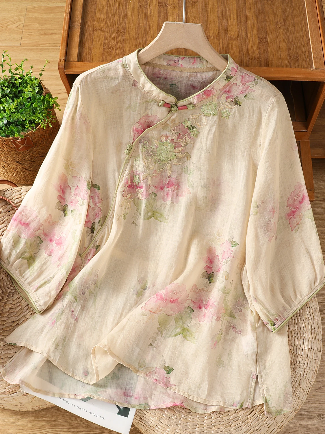 Sottile cotone e lino irt da donna di grandi dimensioni Five Sve stampato colletto alla coreana costume da tè bottone superiore artistico casual estivo