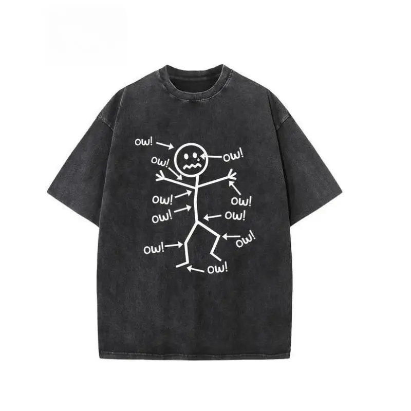 

Funny Stick Figure Ouch T-Shirt Graphic Tee Vintage Washed Oversized Top Unisex Casual Streetwear for Party or Gag Gift S-3XL