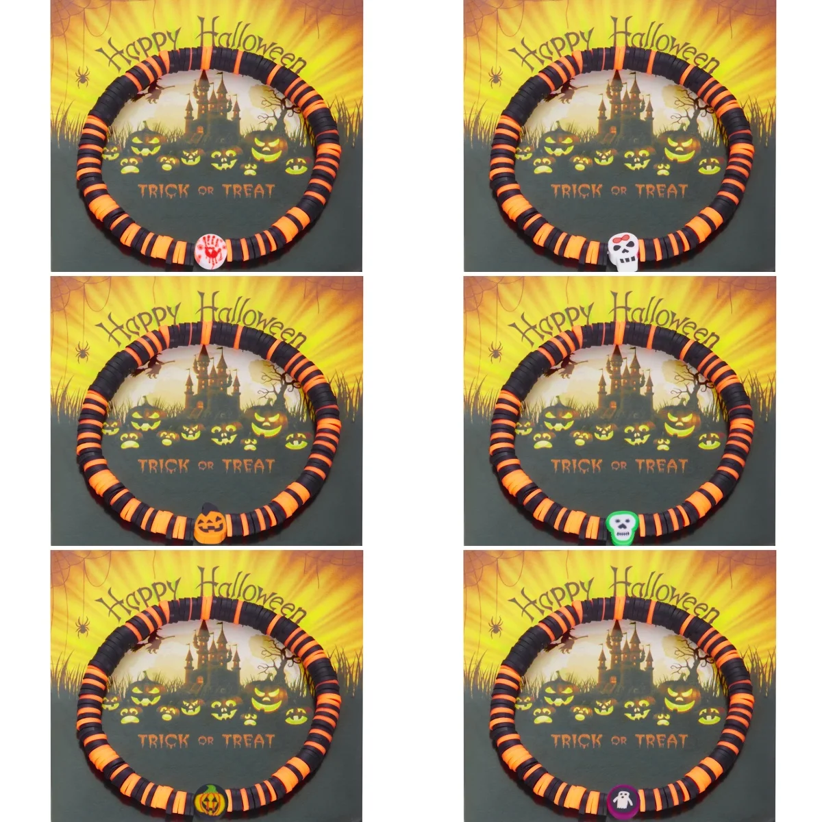 

New Gothic Halloween Funny Cartoon Pattern Bracelet For Women Soft Clay Pottery Skull Pumpkin Ghost Beaded Bangle Party Jewelry