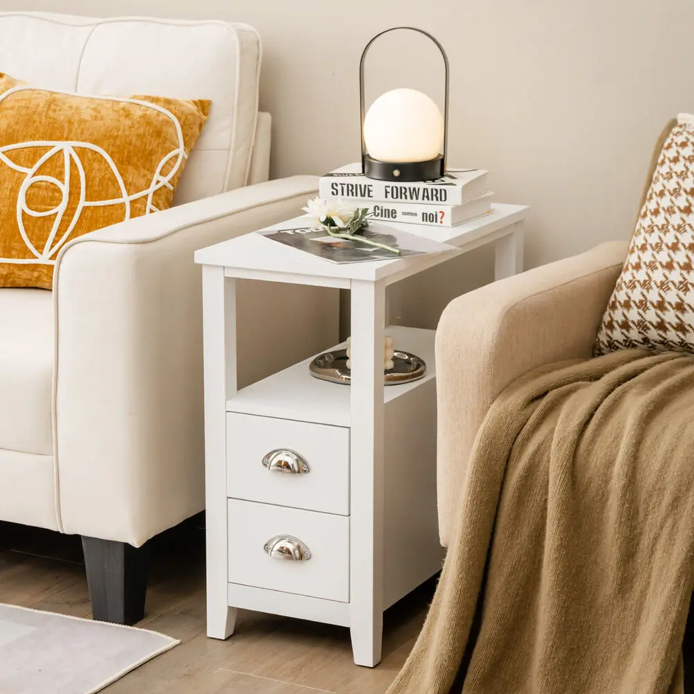 Costway End Table Space-Saving Rectangular Bedside Table W/ 2 Drawers & Shelf White