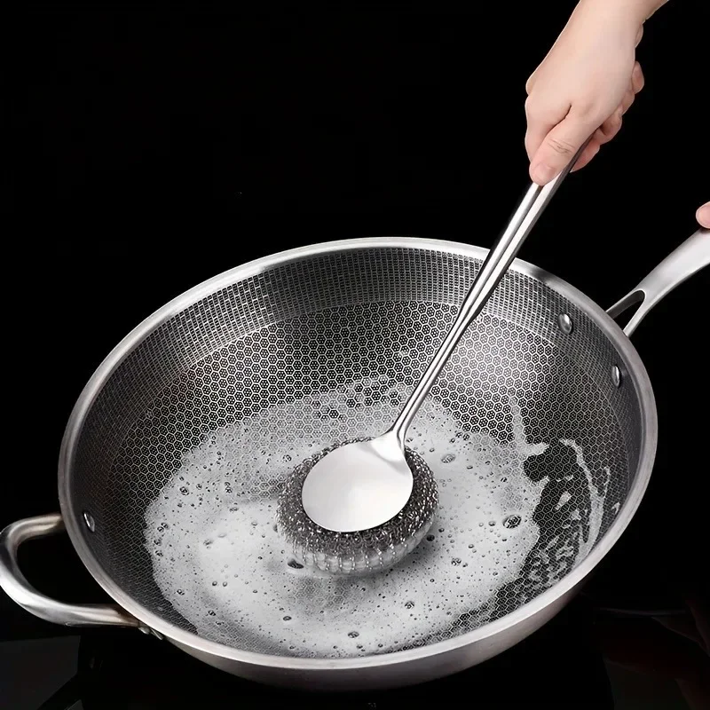 Stainless Steel Pot Brush Kitchen Special Pot Washing Steel Wool Ball Brush Long Handle Dish Cleaning Brush Pot Brush Magic Tool