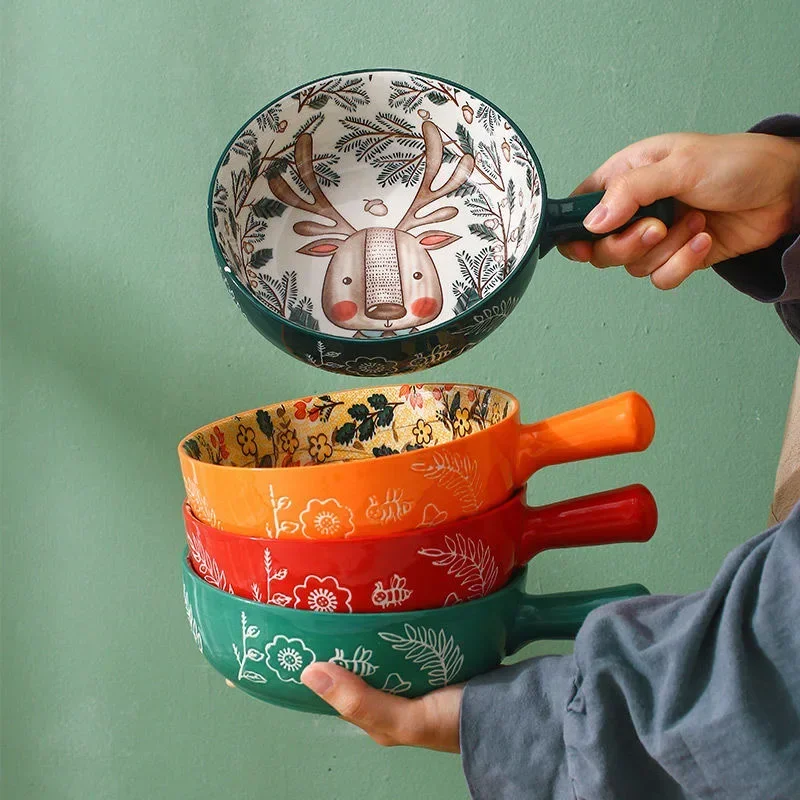 Single Handle Ceramic Bowl Noodle Forest Animal Design Large Creative Restaurant Household Flower Home Decoration