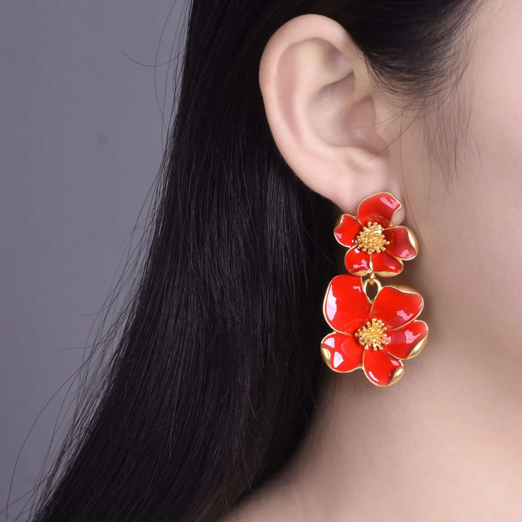 Vintage Fashion Red Long Enamel Drop Glaze Double Flower Earrings French Court Style Big Flower Eardrop High-Grade Niche Design