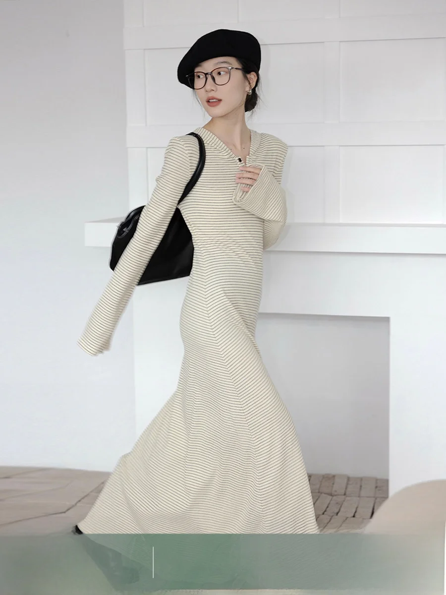 

Повседневное вязаное платье женское весна 2026 с завышенной талией, облегающее, длинное, в полоску, в стиле худи, из смесового хлопка, А-силуэт