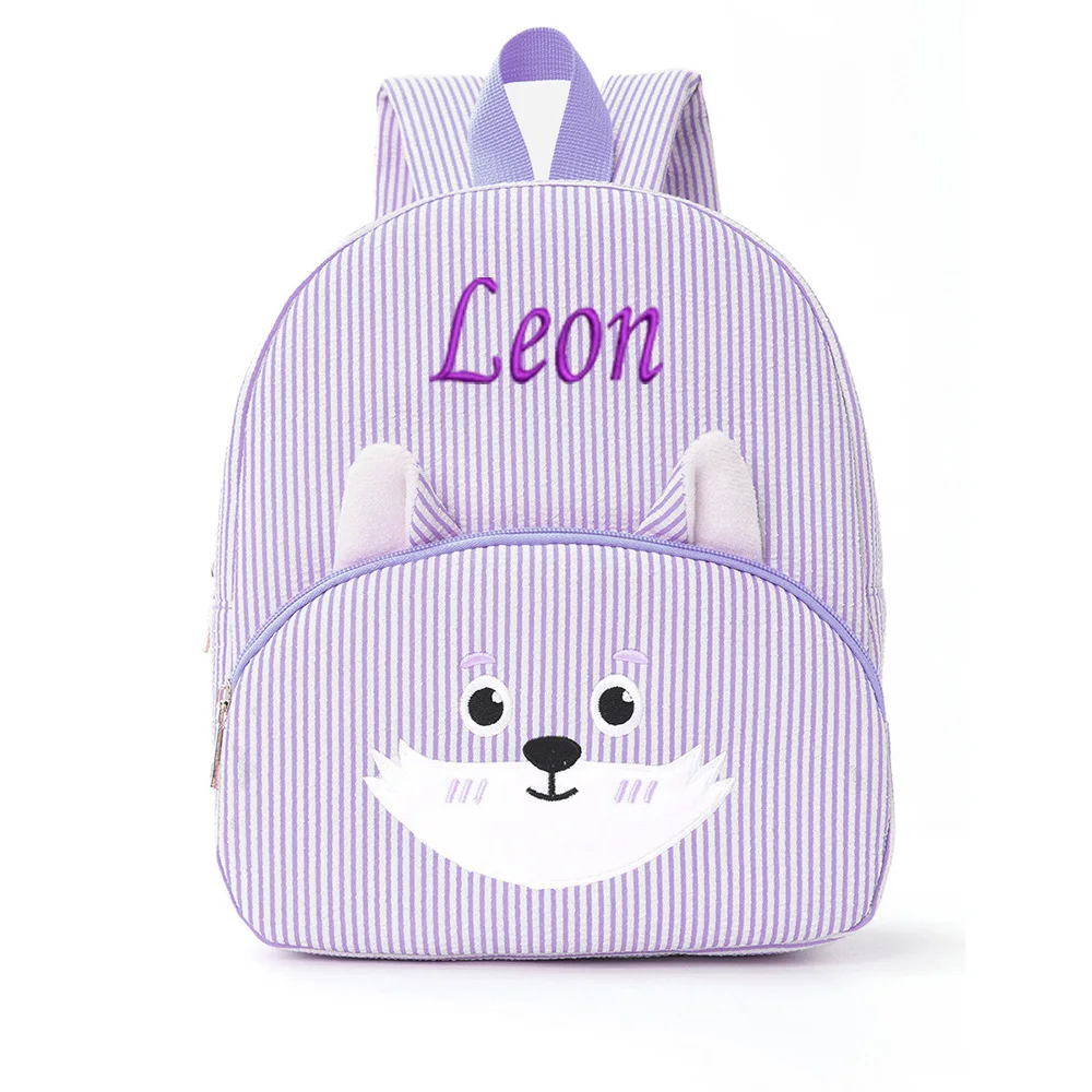 حقيبة ظهر مخططة من الشاش الفقاعي، تطريز شخصي، حقيبة ظهر كرتونية كاجوال للطلاب، حقيبة ظهر ثعلب لطيفة ذات سعة كبيرة