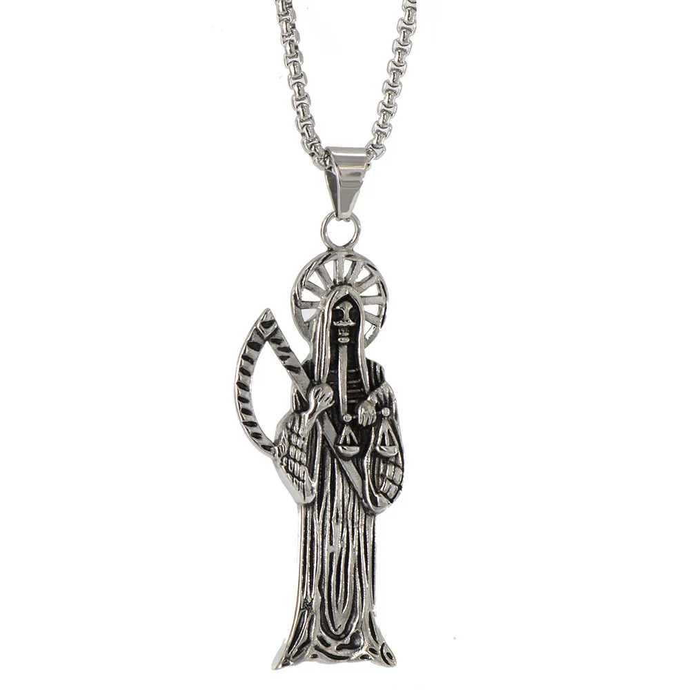 Hip Hop Vintage Holy Saint Death Santa Muerte big Skull Biker Pendant Gold color Necklace Stainless Steel Man Religious Jewelry