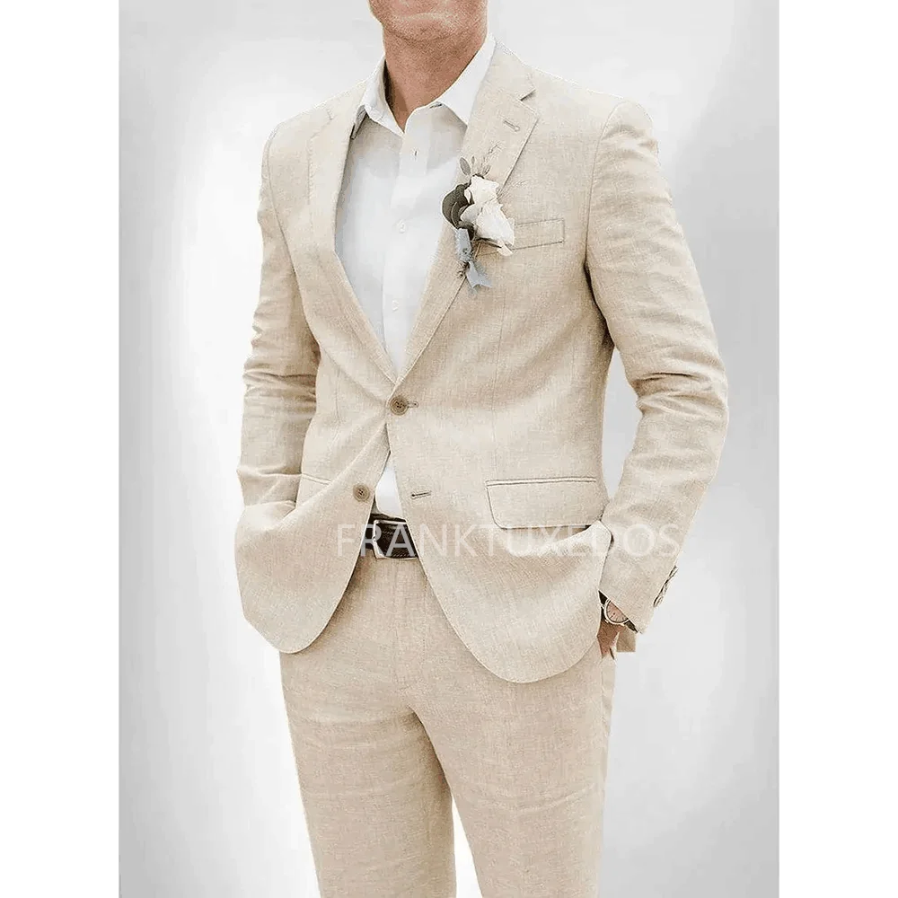 Beige Linen Men Wedding Tuxedos Slim Fit Men Suits Notched Lapel Two Buttons Jacket with Pants 2 Pieces Casual Set for Summer