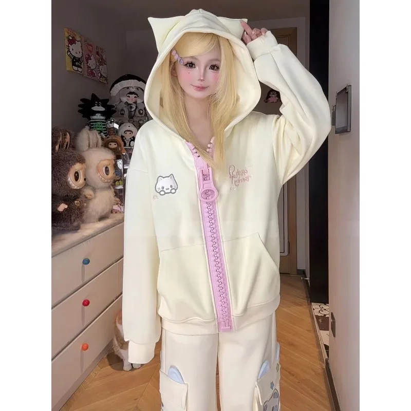 New Cat Ear Design Japanese Cute Versatile Women's Hoodie Sweet Oversized Zip-Up Embroidered Kitten Loose Jacket