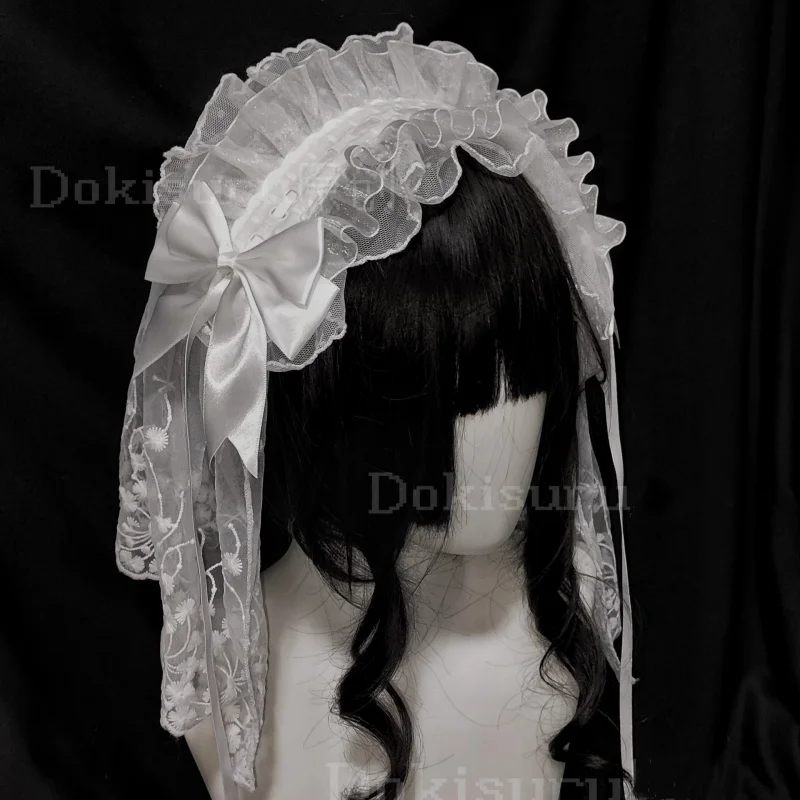 Original Lolita Bridal Veil Versatile Headband Gothic Dark Lace Bow Angel Headpiece Lolita Cosplay Ruffled Hair Accessory