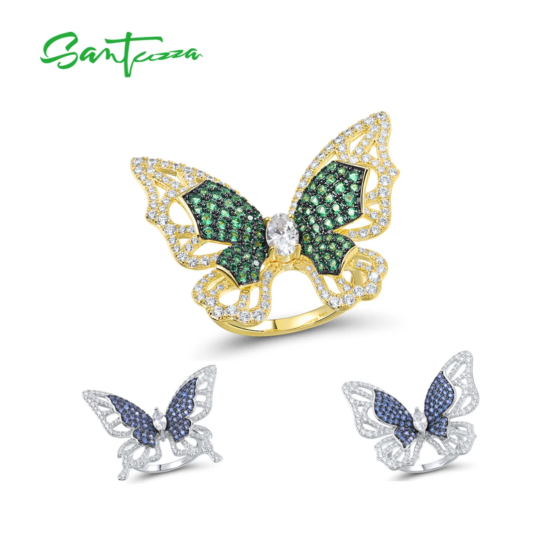 

SANTUZZA 925 Sterling Silver Rings For Women Sparkling Green Spinel White Cubic Zirconia Butterfly Ring Gorgeous Fine Jewelry