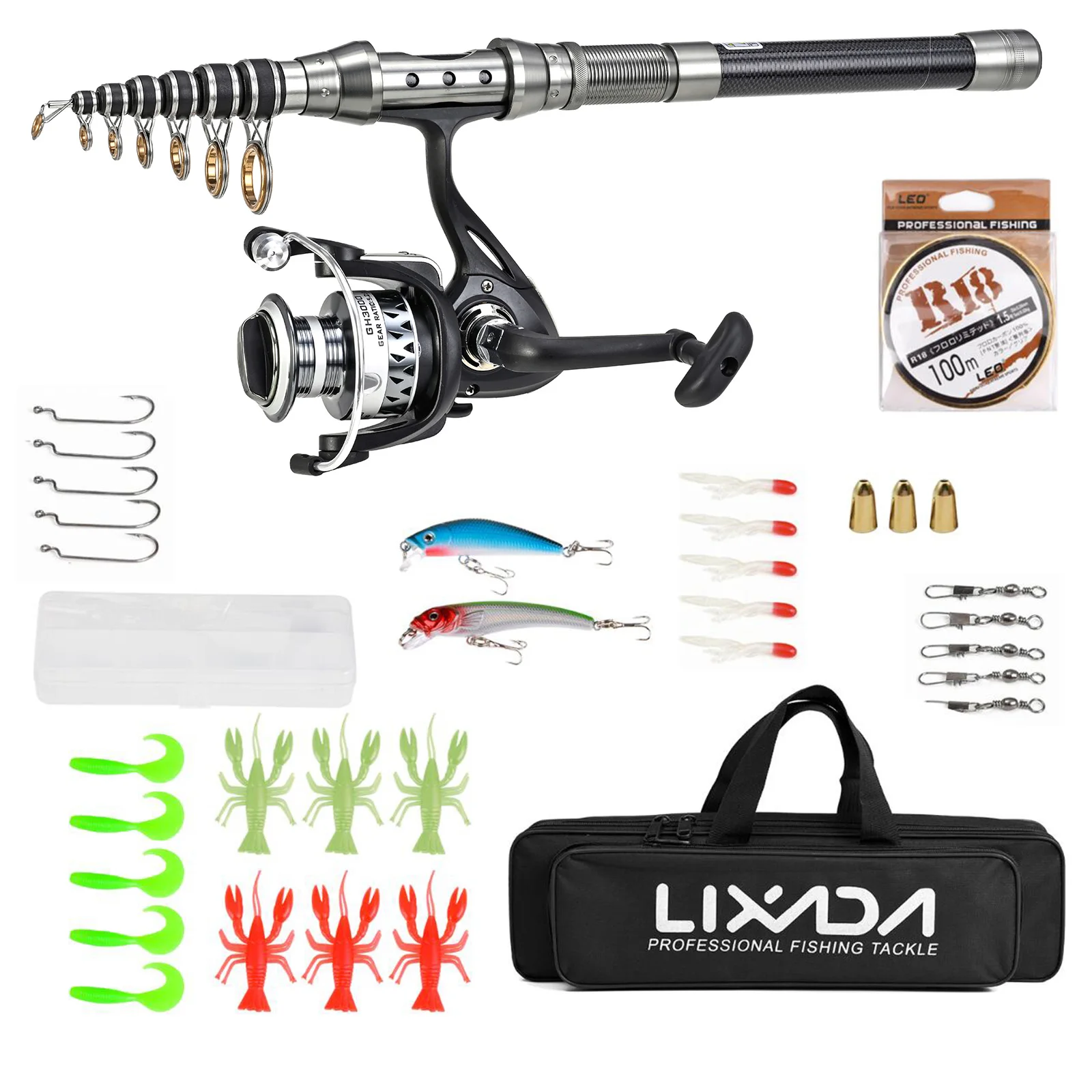 

Telescopic Fishing Rod Kits Carbon Fiber Casting Rod and Metal Spool Reel for Freshwater Bass Fishing Set