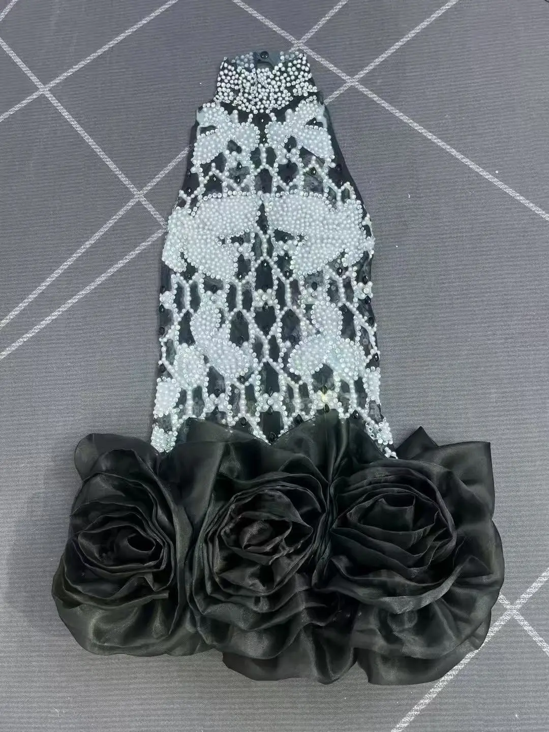 Falda corta Sexy y elegante con perlas y diamantes de imitación para mujer, guantes de malla transparentes para fiesta de graduación y celebración de cumpleaños, ropa de escenario