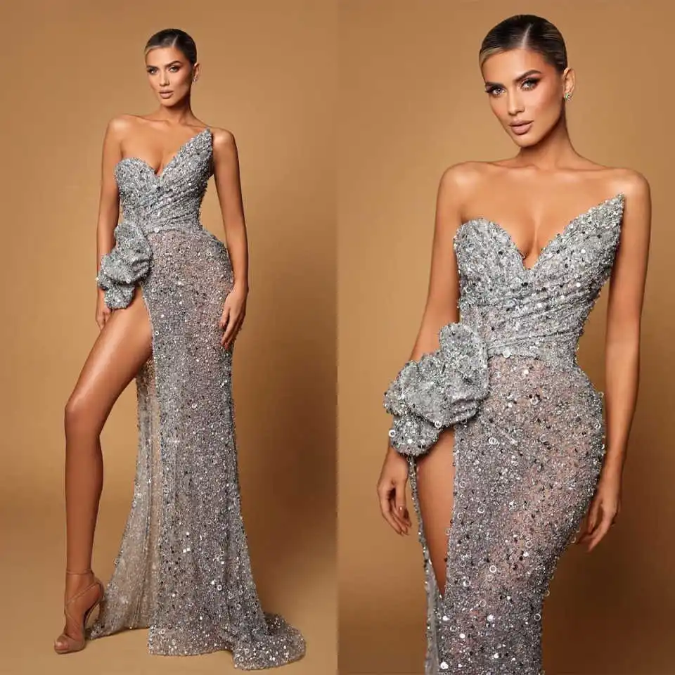 Robe de bal Sexy entièrement pailletée, paillettes argentées, personnalisée, fente latérale, robe de soirée spéciale