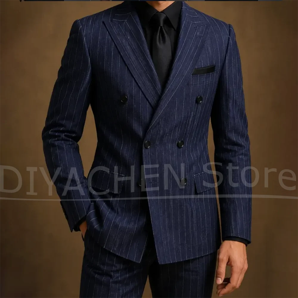 Men Navy Pinstripe Two Piece Suit Double Breasted Peak Lapel Wear Slim Fit Formal Wedding Groom Business Casual Party Outfit