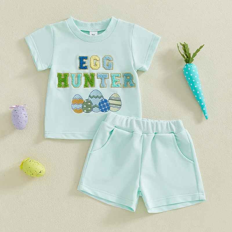 Lioraitiin Zomer Kids Jongens Pasen Shorts Set Korte Mouw Borduren Letters Eieren T-shirt met Shorts Kleding Outfit