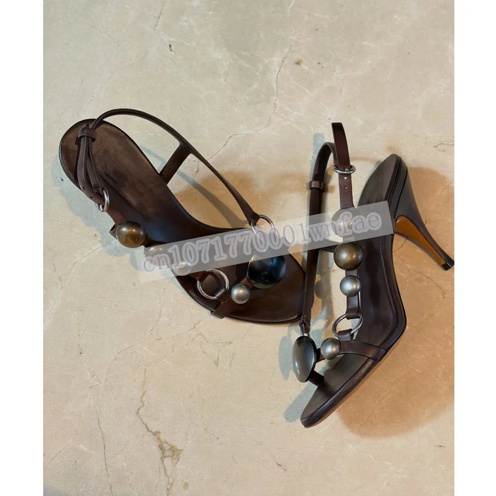 Women Brown Leather Slingback Sandals Vintage Metal Bead Decor Open Toe Stiletto Heel Summer Party Heeled Sandals Zapatos Mujer view 5