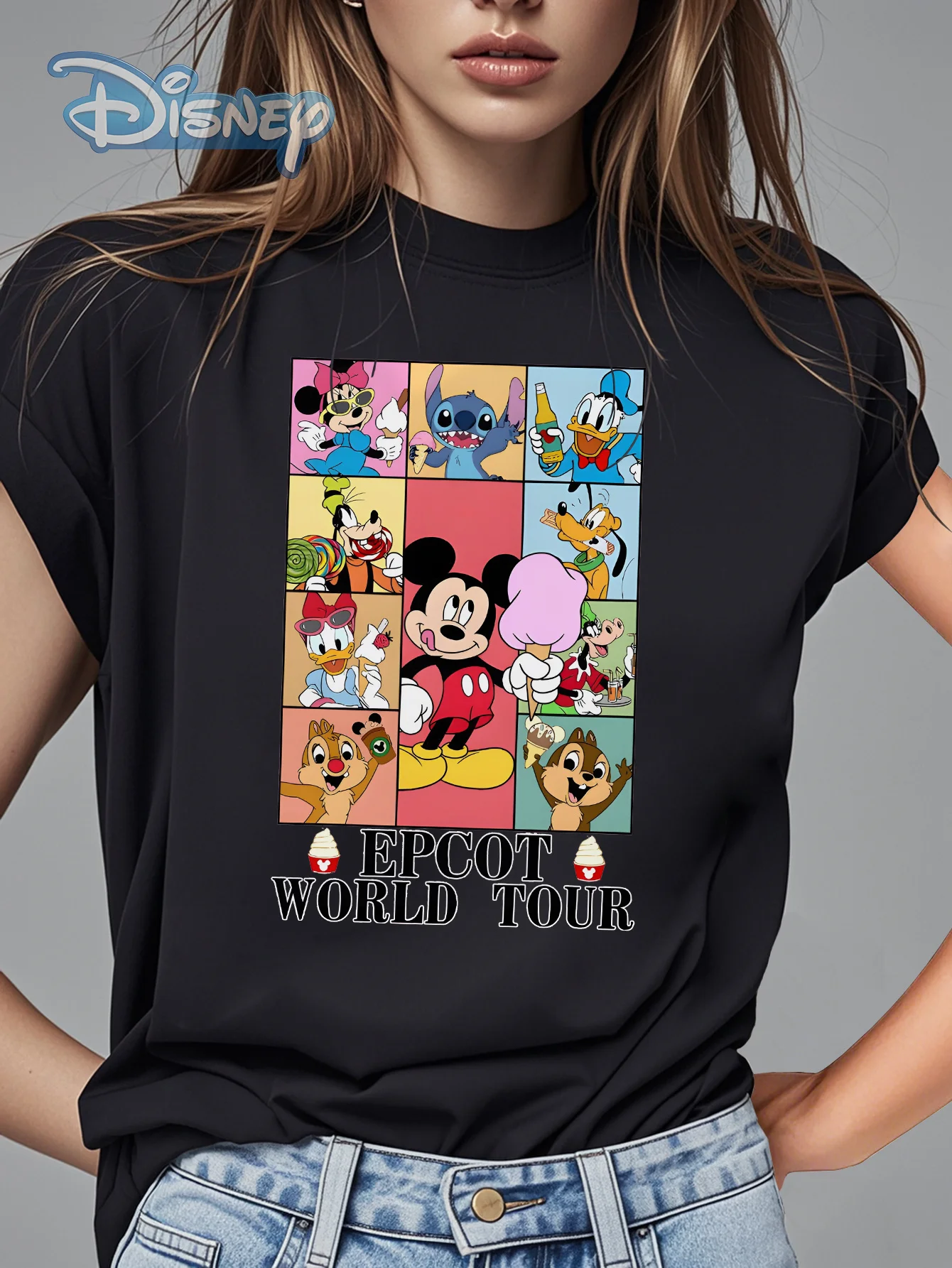 

2025 Новая футболка унисекс с принтом узоров Диснея, уличная мода, футболка с короткими рукавами из чистого хлопка и круглым вырезом