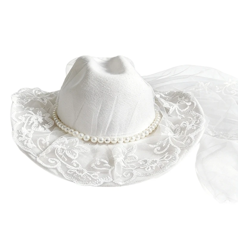 U90E Wide Brims Cowboy Cap for Brides With Veil Pearls Elegant Headpiece for Western Wedding Celebration Photography Props